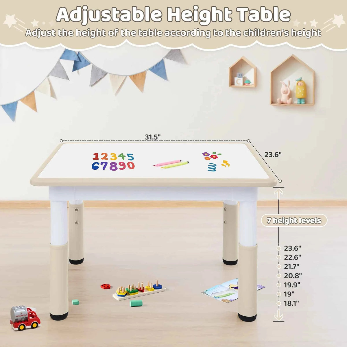 Kids Table 31.5" × 23.6", 7-Level Height Adjustable Toddler Activity Table, Graffiti-Proof Plastic Desk for Ages 3-8, Home & Daycare