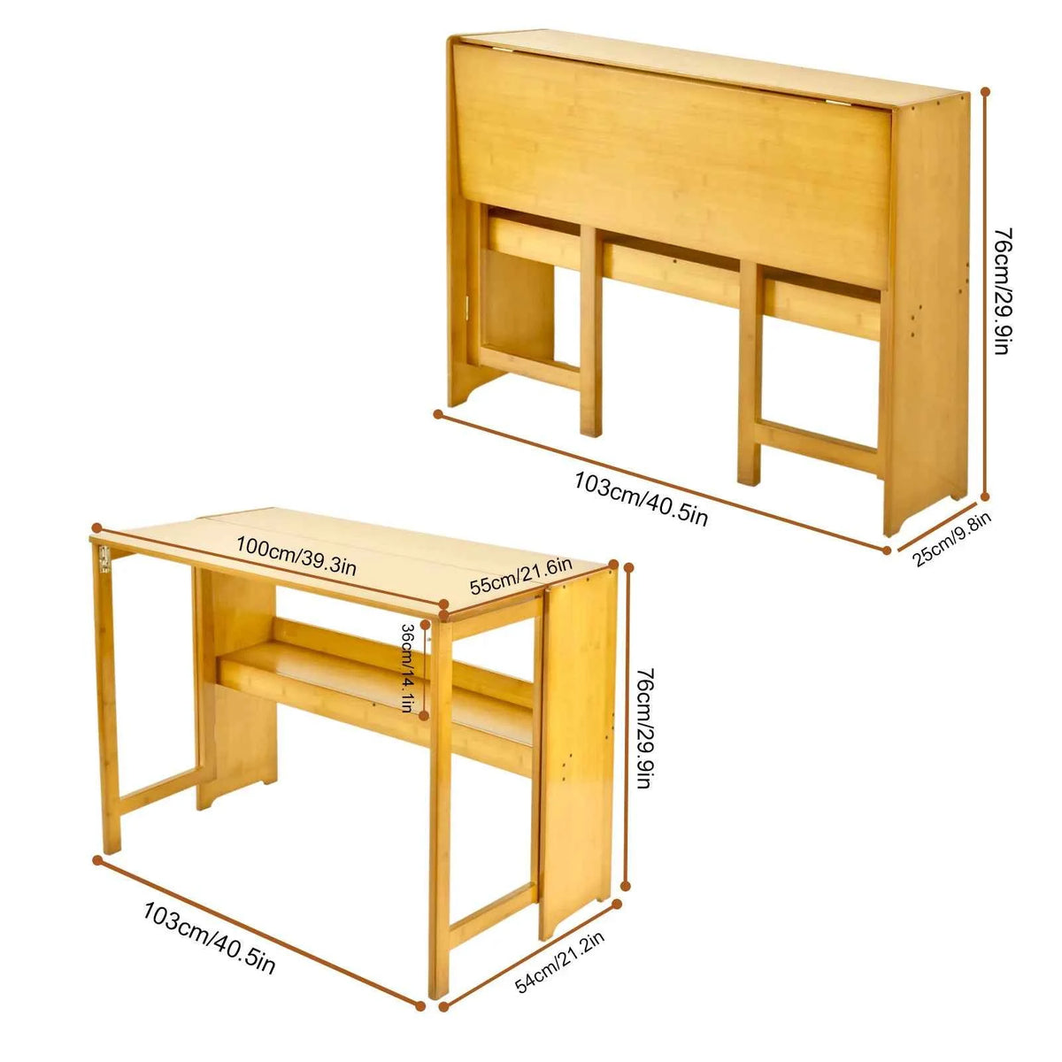 Bamboo Foldable Desk 40.6 Inch, Folding Desks for Small Spaces, Mid Century Small Computer Desk with Bookshelf. Brown, Primary Color