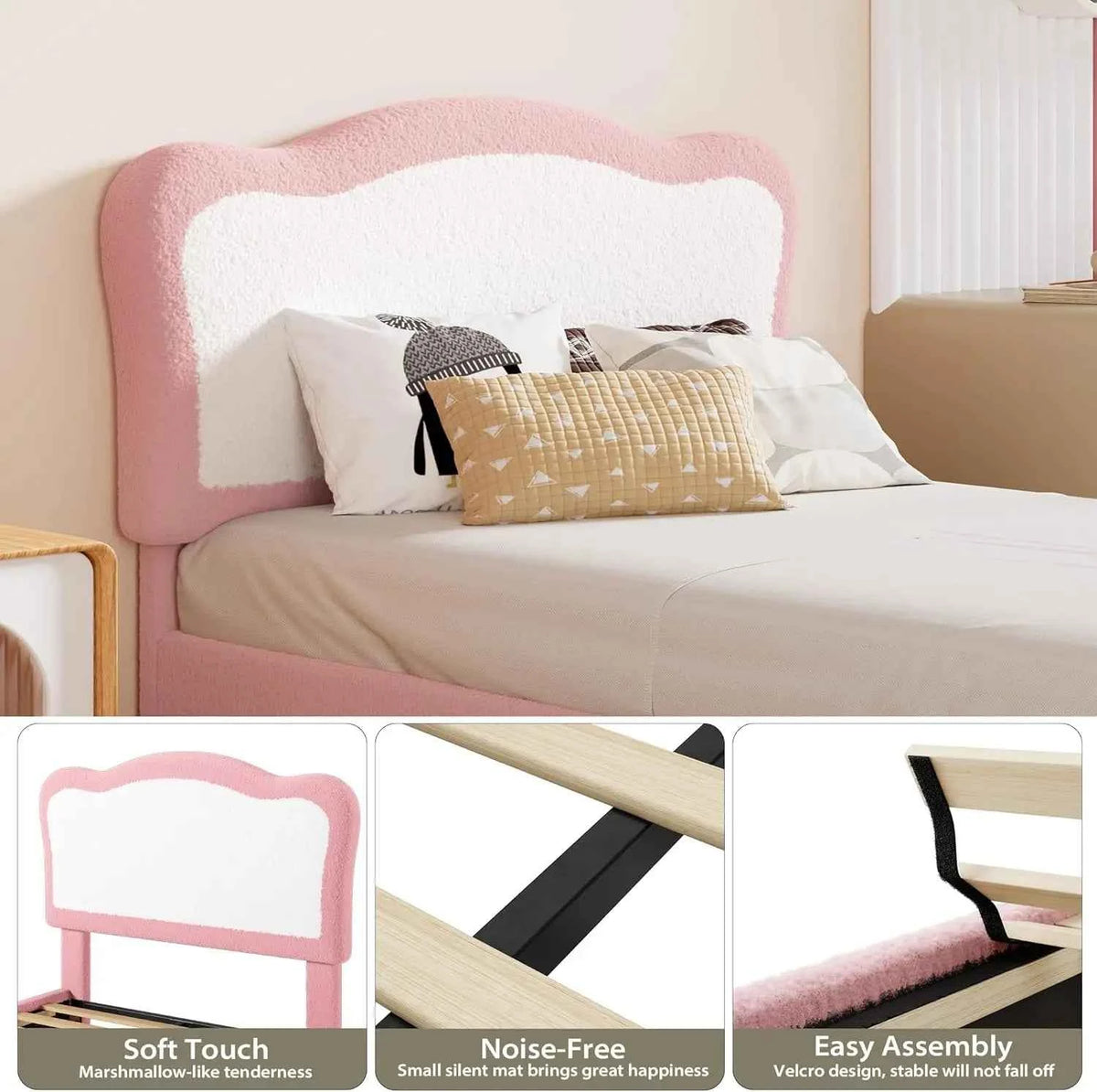 Kids Upholstered Twin Bed Frame with Scallop Headboard, Cute Velvet Twin Bed with Sturdy Platform. No Box Spring Needed, Wooden Slats, Noise Free, Pink & White