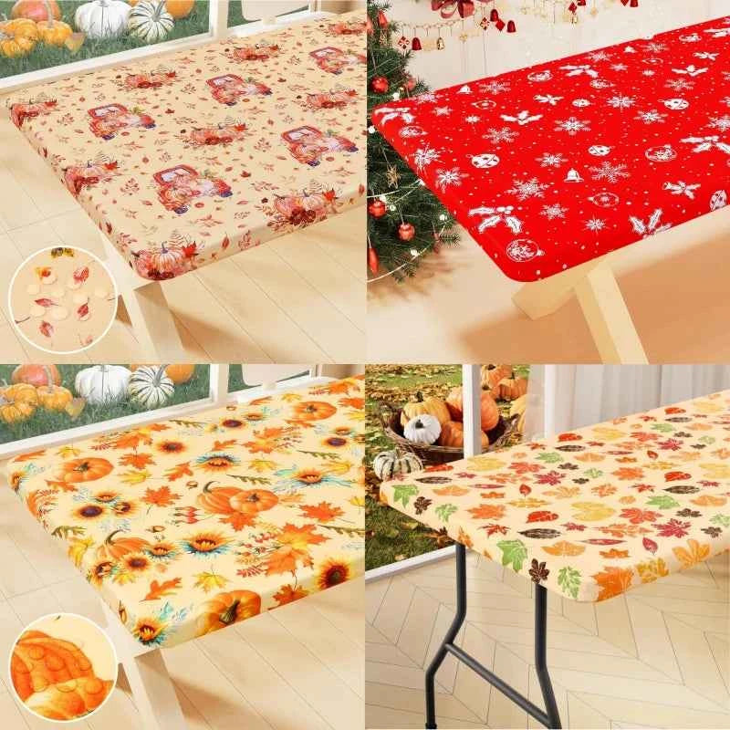 Waterproof PVC Flannel Cover. Elastic Fitted Tablecloth. Floral, Pumpkin,  & Christmas Patterns.