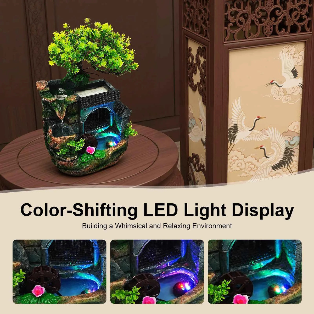Tabletop Resin Water Fountain. Hand Carved Mini Desktop Waterfall with Color Changing LED Light. Adjustable Water Pump. Natural Landscape Decor