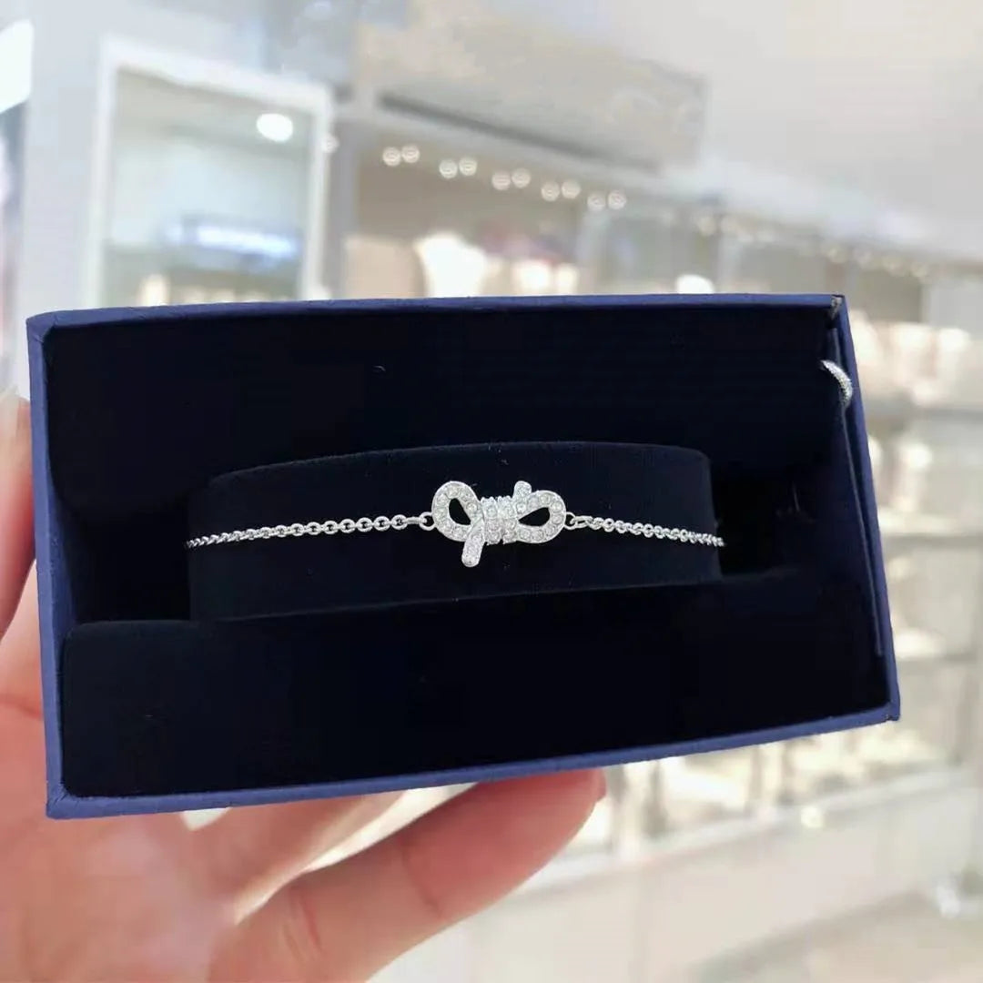 Buy One Get One Free S925 Sterling Silver Full Diamond Silver Bow Drawstring Bracelet for Women, Charm Bracelet