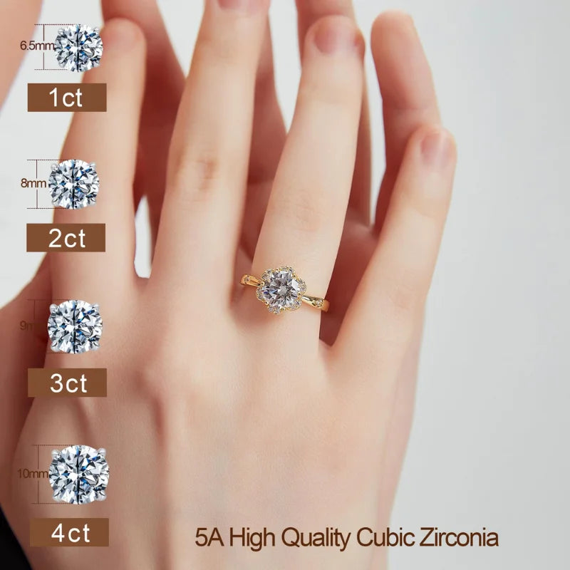 3CT Flower Shaped CZ Engagement Ring for Women, 18K Yellow Gold Plated Floral Solitaire Wedding Promise Band, Luxury Fine Jewelry for Anniversary & Holiday Gifts