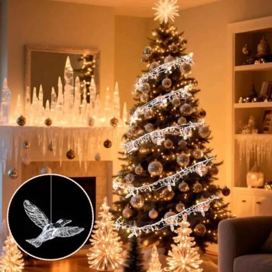 Acrylic Crystal LED Christmas Tree Decor With Fairy Garland Strands with Acrylic Hummingbird. Iron Wire 90 Waterdrop Beads.