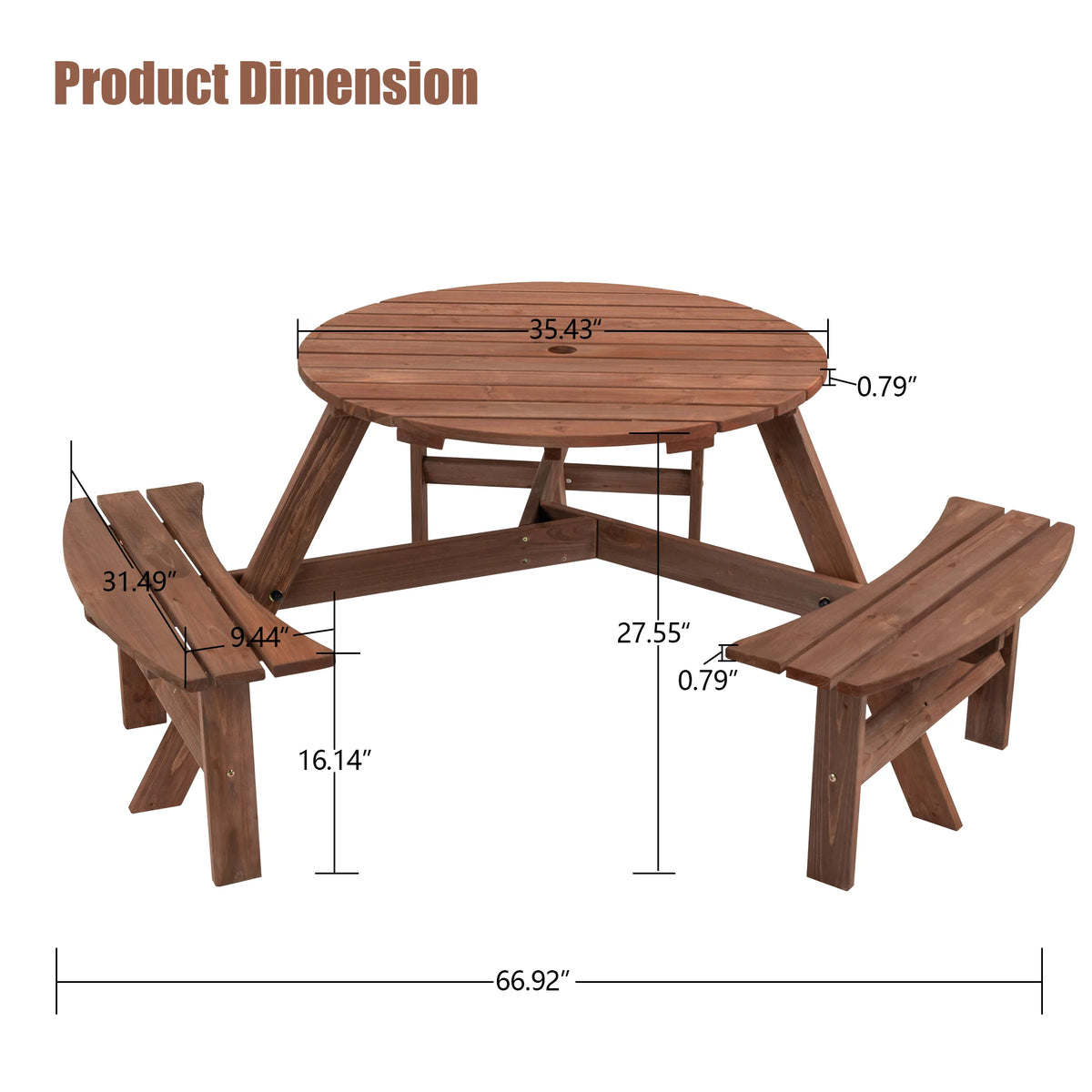 Solid Wood Round Outdoor Picnic Table with 3 Curved Benches, Weatherproof Wooden, Outdoor Patio Dining Furniture with Umbrella Hole. Weather Resistant Patio Dining Furniture Set for Garden, Backyard, or Deck