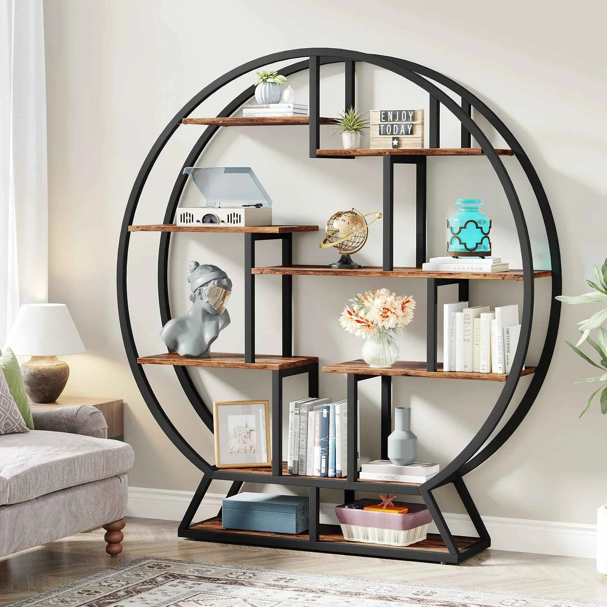 Etagere Bookcase, 63-Inch Industrial Wood Book Shelf with Staggered Shelves