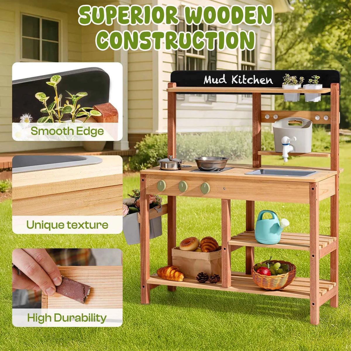 Robud Montessori Mud Kitchen. Wooden Outdoor Play Kitchen with Sink & Storage. Develops Fine Motor Skills. Ideal Gift for Kids Age 3+