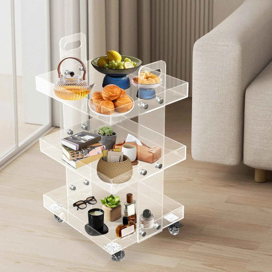 -Tier Acrylic Mobile Storage Cart with Wheels Clear Multifunctional Utility Rolling Trolley and is 41.6x34x70cm