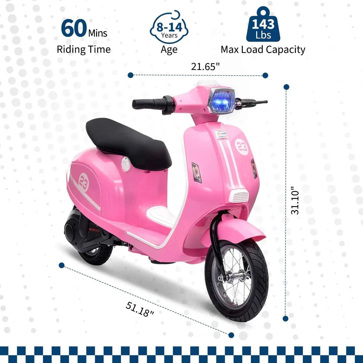 24V Electric Moped For Kids of Ages 8-14, 350W Ride On Moped, 14 MPH, Dual 10Ah Batteries, 12in Pneumatic Tires, Suspension