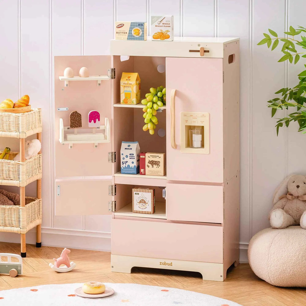 Robud Kids Wooden Pink Play Kitchen. All in 1 Corner Set Includes Oven, Refrigerator. Washer. Perfect Birthday Gift for Little Chefs.