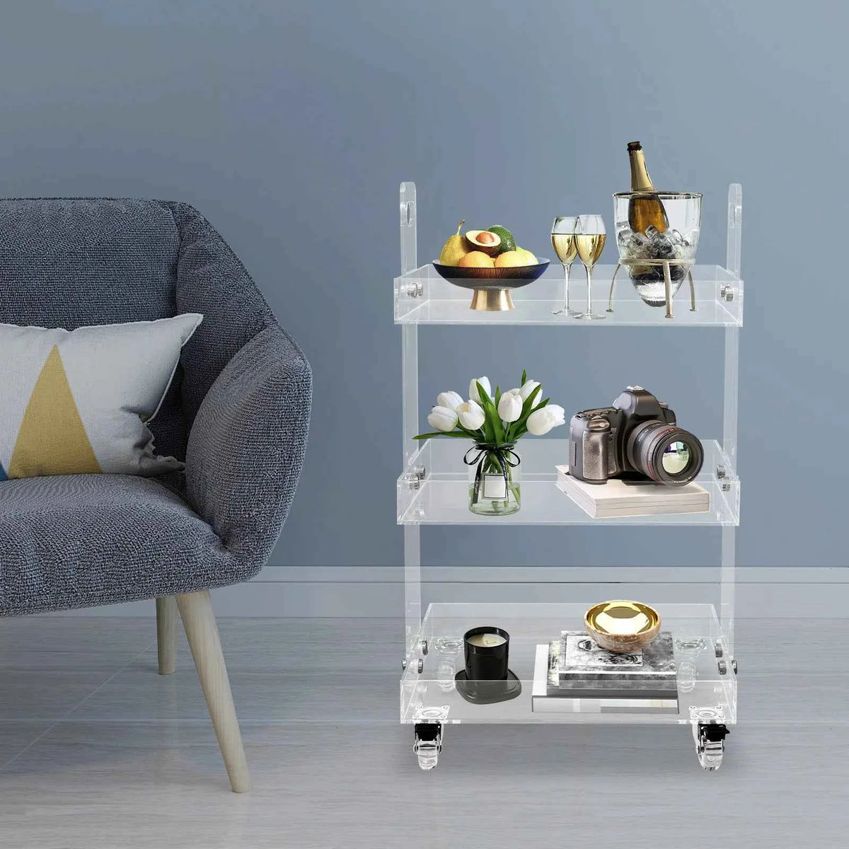 -Tier Acrylic Mobile Storage Cart with Wheels Clear Multifunctional Utility Rolling Trolley and is 41.6x34x70cm