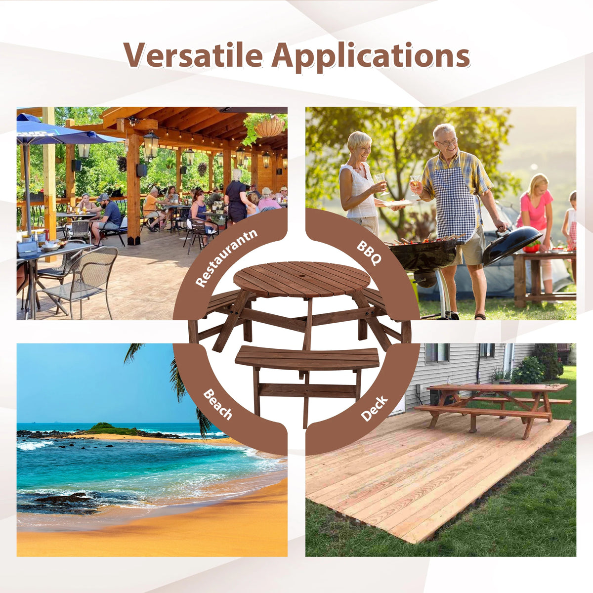 Solid Wood Round Outdoor Picnic Table with 3 Curved Benches, Weatherproof Wooden, Outdoor Patio Dining Furniture with Umbrella Hole. Weather Resistant Patio Dining Furniture Set for Garden, Backyard, or Deck