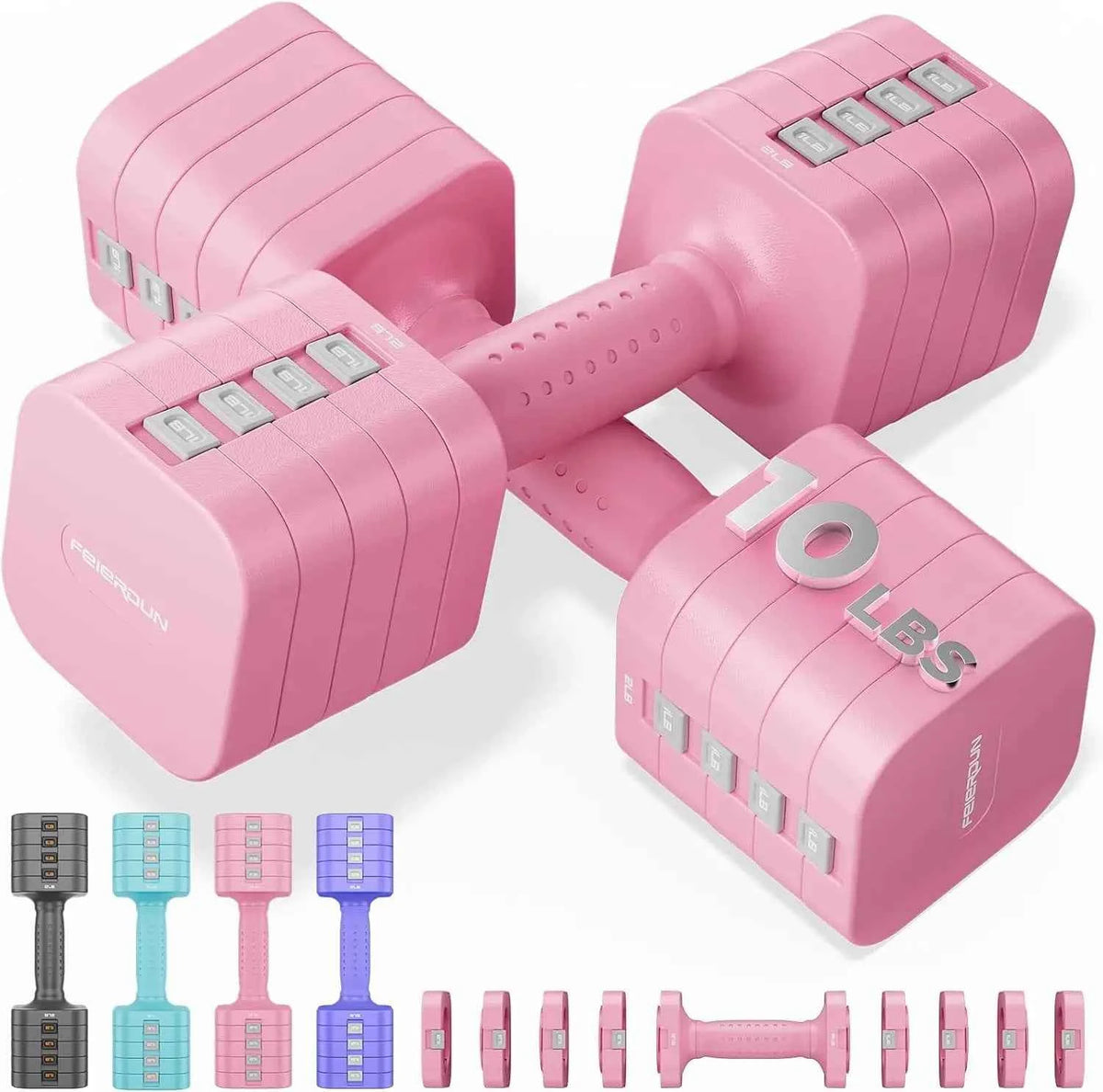 FEIERDUN 5-in-1 Adjustable Dumbbells Set of 2, 20LBS Dark Grey Hand Weights, Fast Adjust Dual Stable Dumbbells.