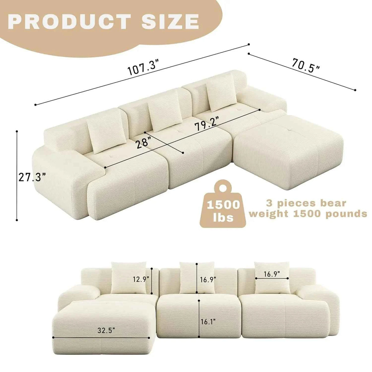 107in Modular Sectional Sofa with Ottoman. L-Shape Deep Seat Corduroy Memory Foam. No Assembly .Living Room Furniture, Custom