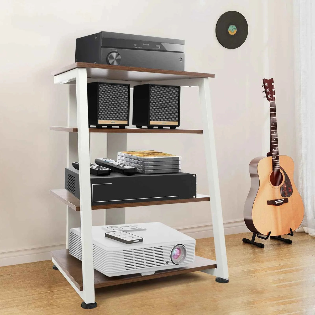 4‑Tier AV Media Stand with Cable Management. Carbon Steel Stereo Rack for Home Theater.