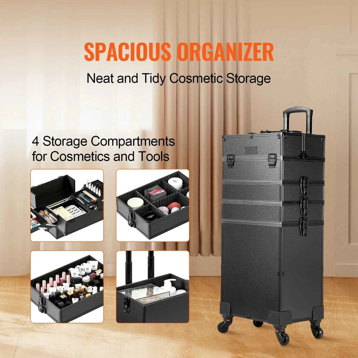 SucceBuy Professional Makeup Train Case Aluminum Cosmetic Case Workbench With Supporting Legs Rolling Makeup Case Extra Large