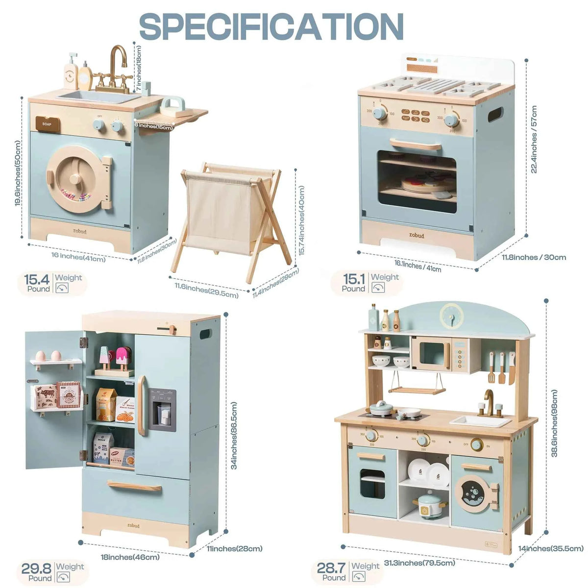 Robud Kids Wooden Play Kitchen. All in One Corner Set Includes Oven, Refrigerator, Washer. Perfect Gift for Little Chefs