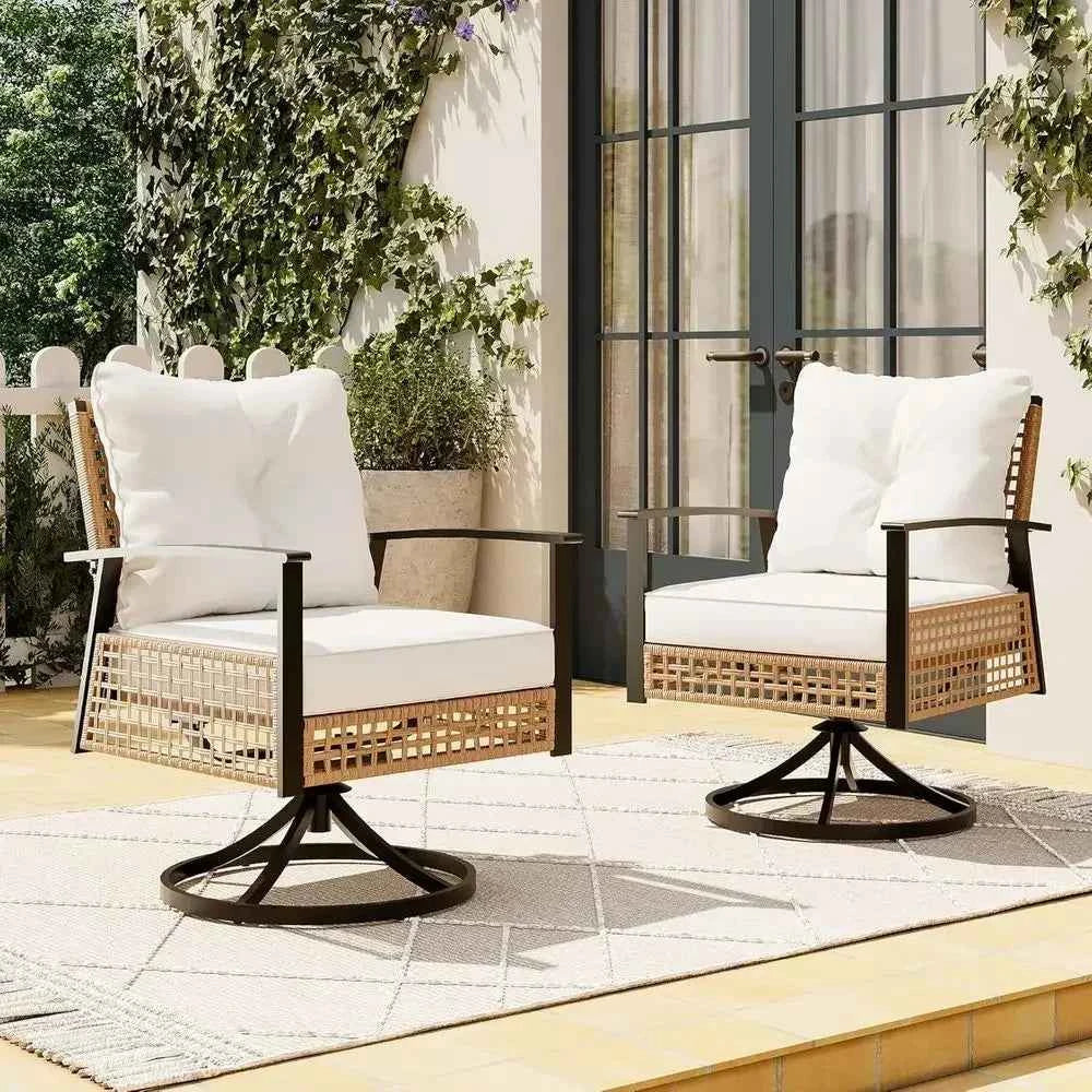 2-Piece Outdoor Swivel Rocking Wicker Patio Set with Cushions for Backyard (Beige)