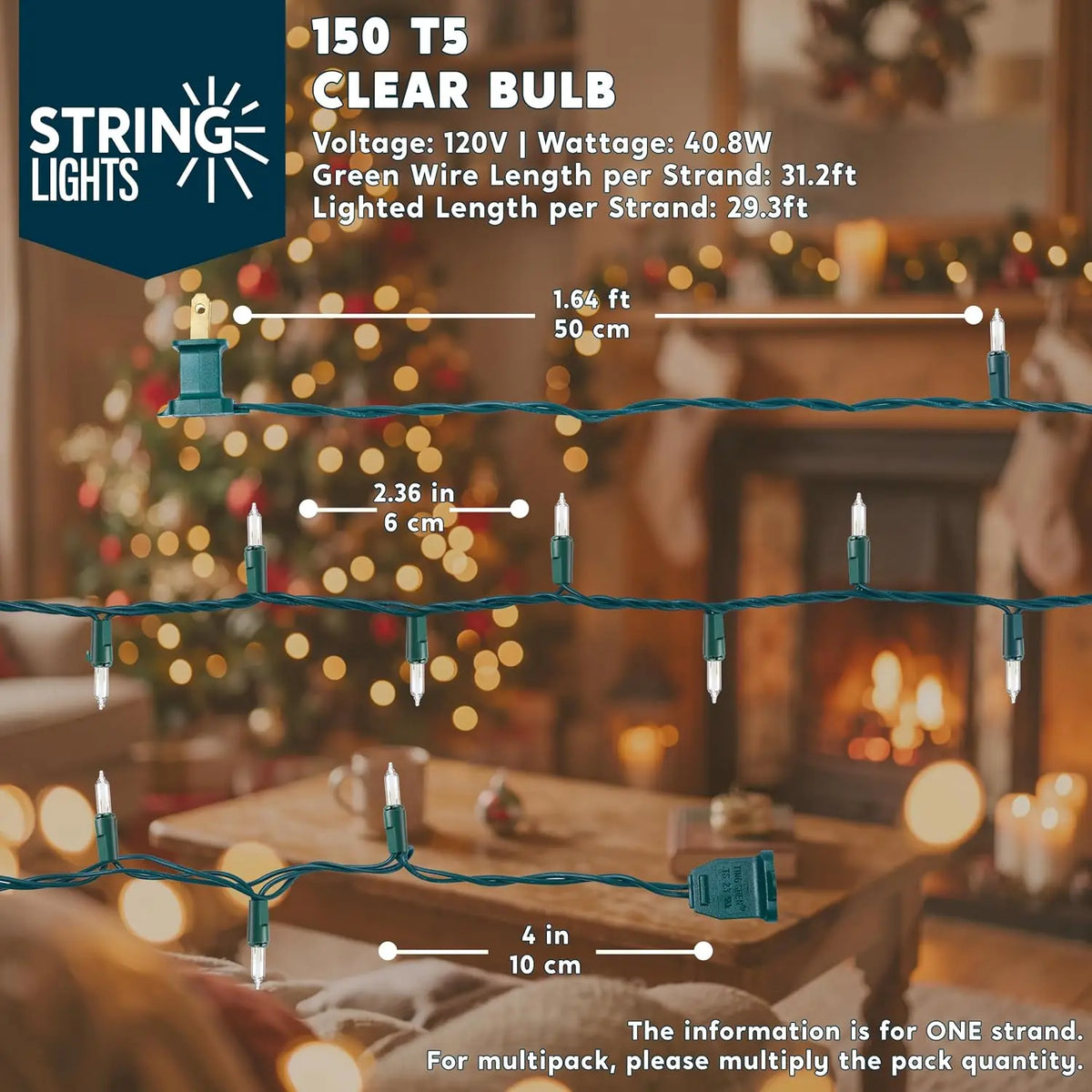 150 Count Mini White Fairy Light Clear Christmas String Lights, Indoor 31.2FT Lighting.  Festival Green Wire