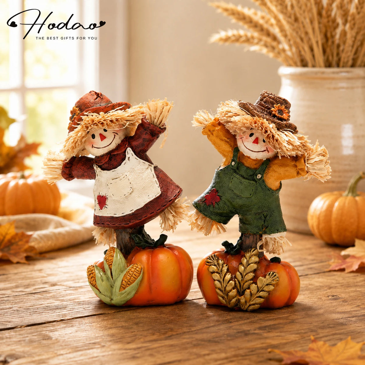 Hodao Set of 2 Fall Harvest Scarecrow Figurines, Resin Thanksgiving Pumpkin Decor, Hand-Painted Dancing Farmer Couple Statue with Cute Sunflower Accents, Seasonal Holiday Gift for Indoor, Patio, and Yard Home Display