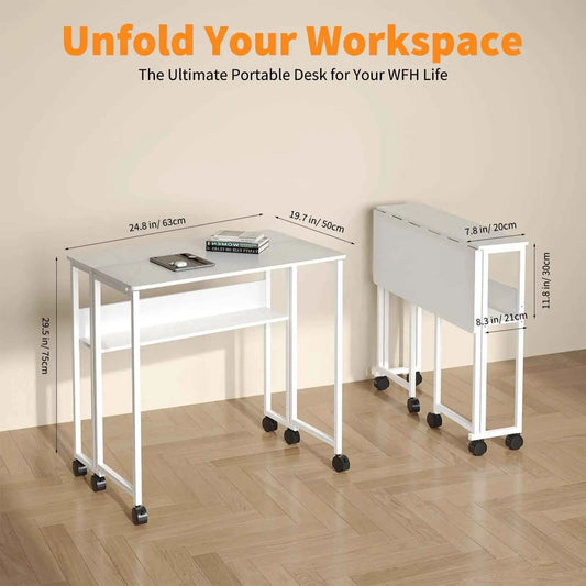 Folding Desk with Storage Shelf on Wheels. Space Saving Computer Desk, Easy Assembly, for Home, Office, & Small Space