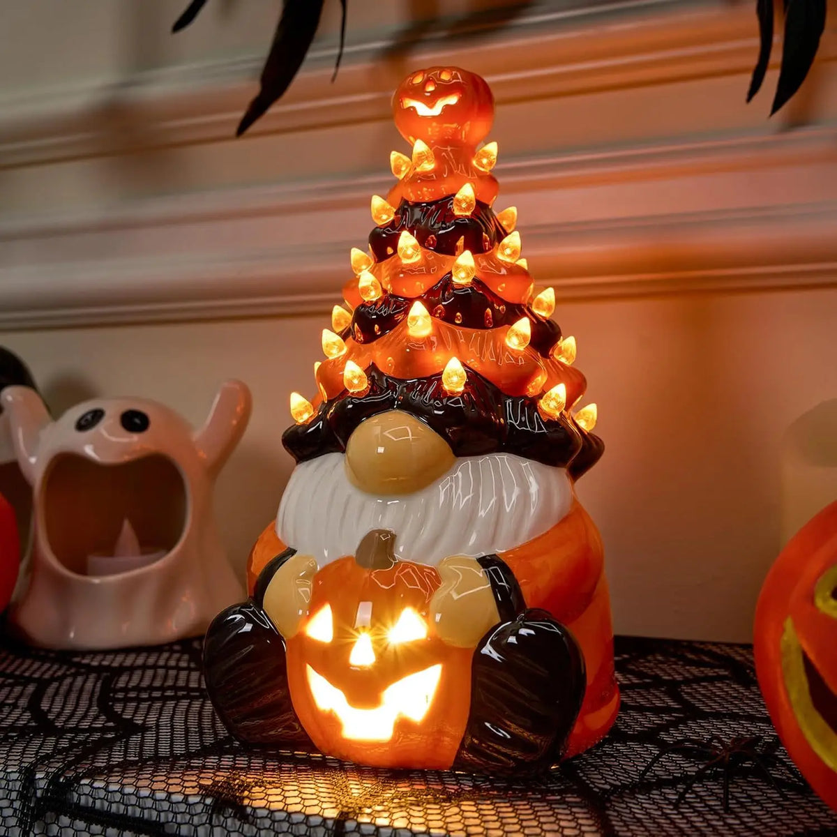 8.5 inch Tall Halloween Pumpkin Gnome Decoration, Ceramic Tree with Build-in LEDs. Tabletop Decor for Halloween, Indoor Party, Battery Operated,