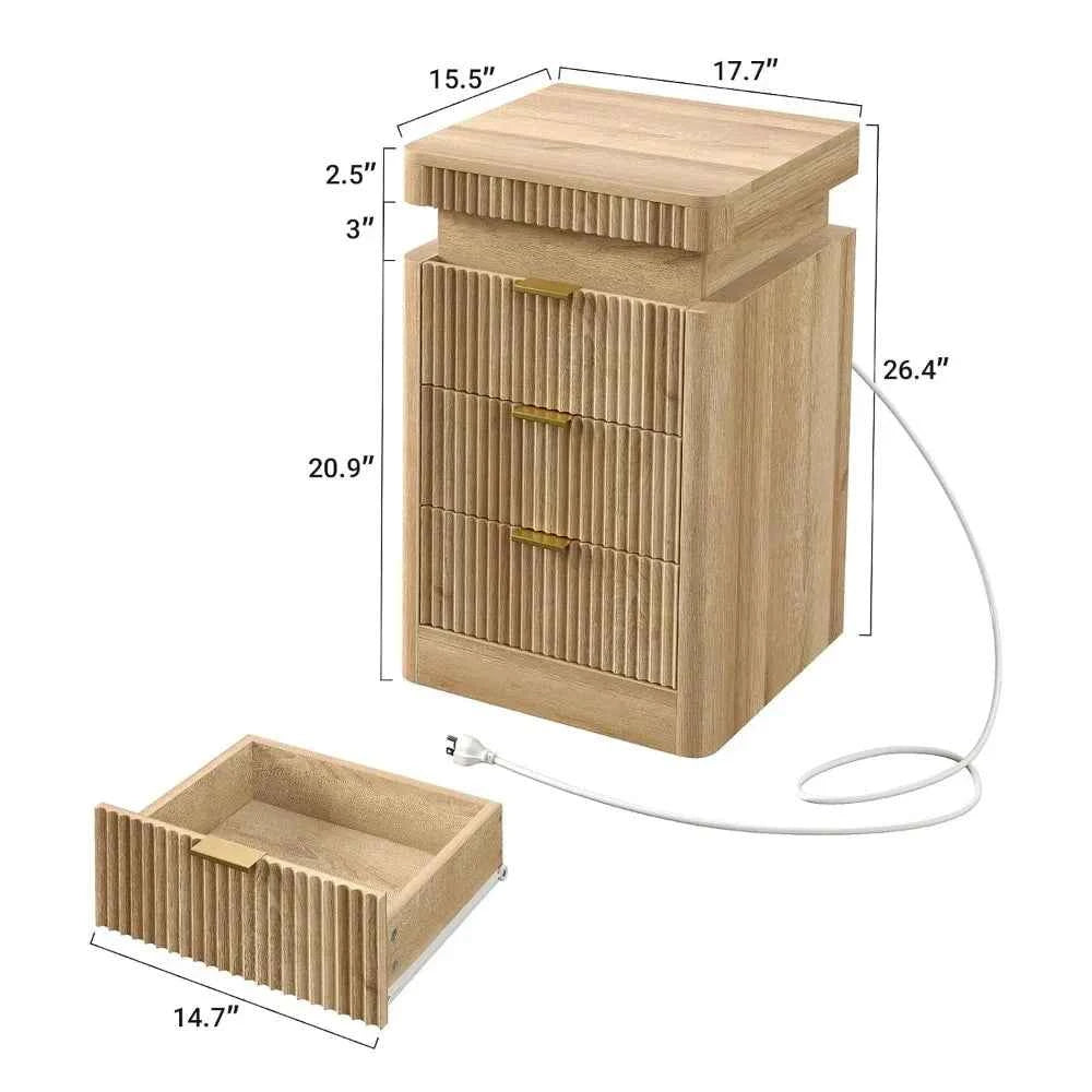 Fluted Nightstand Set of 2,3 Drawers,LED Light & Sliding Top & USB Charging Station,Bedside Table, Custom