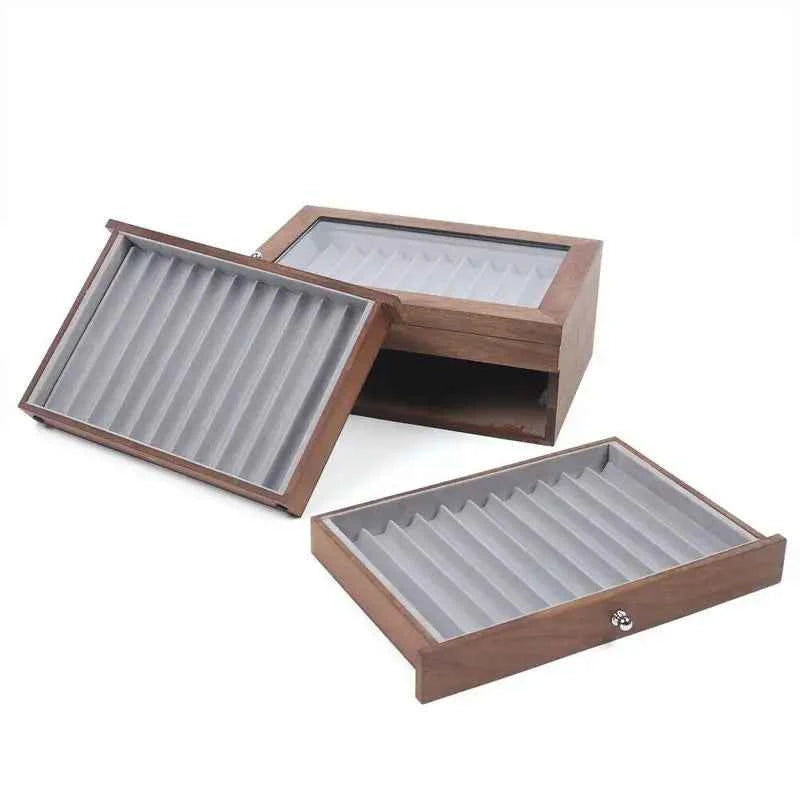 Pen Storage Case 34 Slots Walnut Wood Cabinet With Drawer Student Stationery Pen Display Show  Gift Case