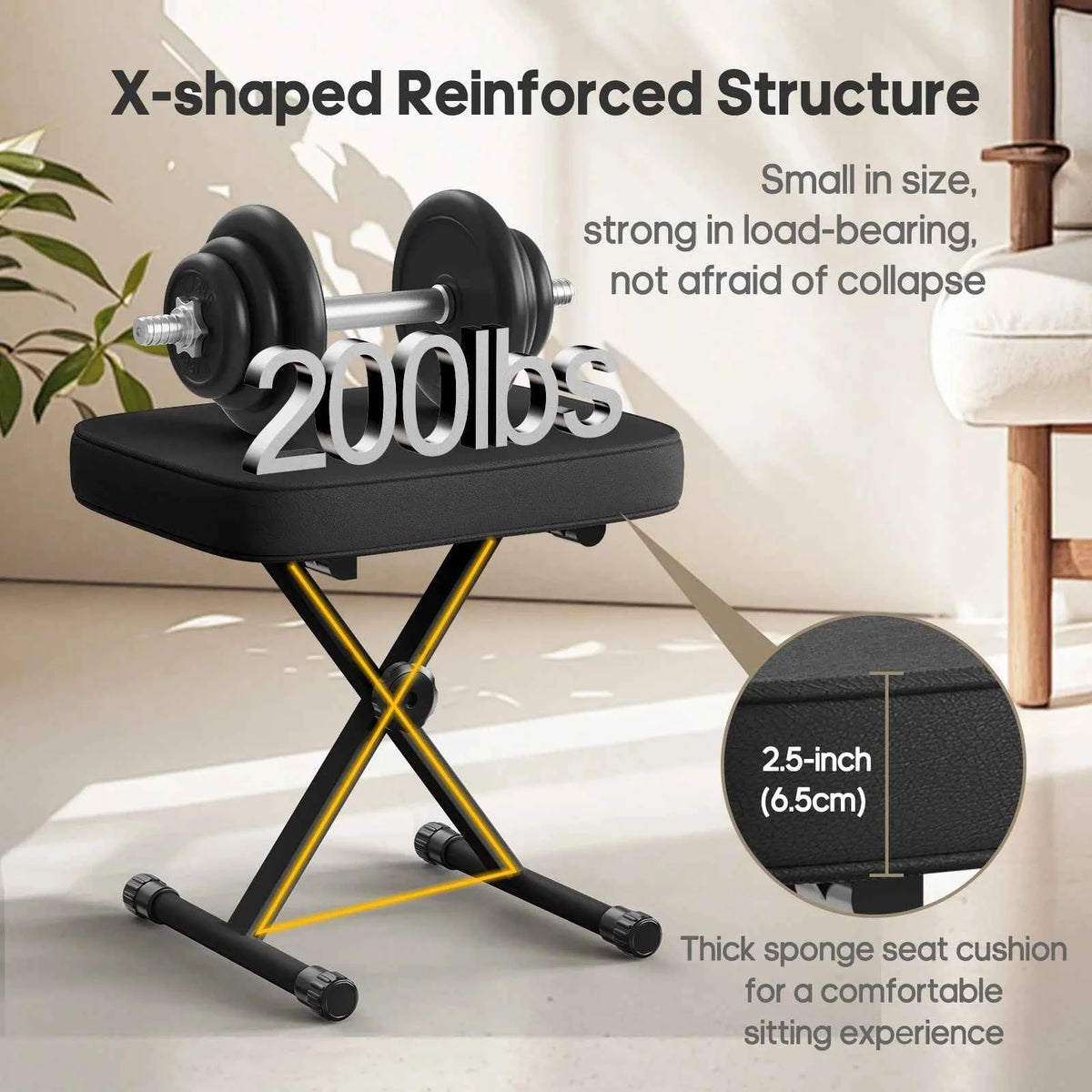 JHK X-shaped Adjustable Padded Folding Chairs for Living Room. Sturdy Metal Collapsible Piano, Guitar Stool with 2.56 Inch Thickness High-Density Sponge and 3-Position Height
