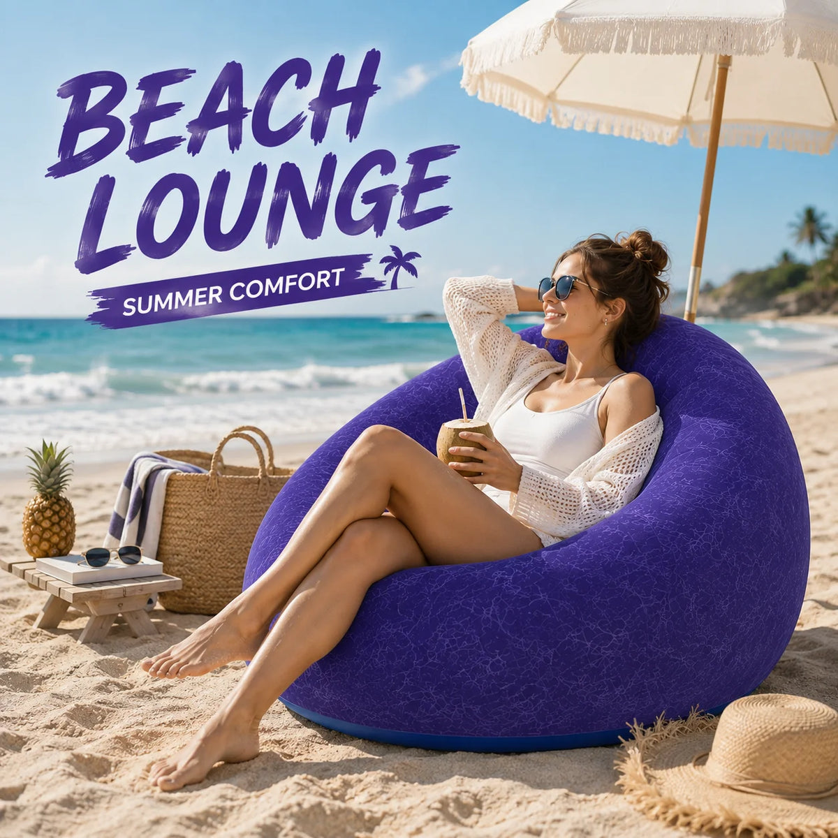Inflatable & Portable Bean Bag Chair,  Soft Blow Up Lounge Chair, Foldable Air Couch with Quick Inflate Pump, Durable PVC Seating for Home, Space Saving, Easy Storage, Everyday Comfort, Indoor & Outdoor