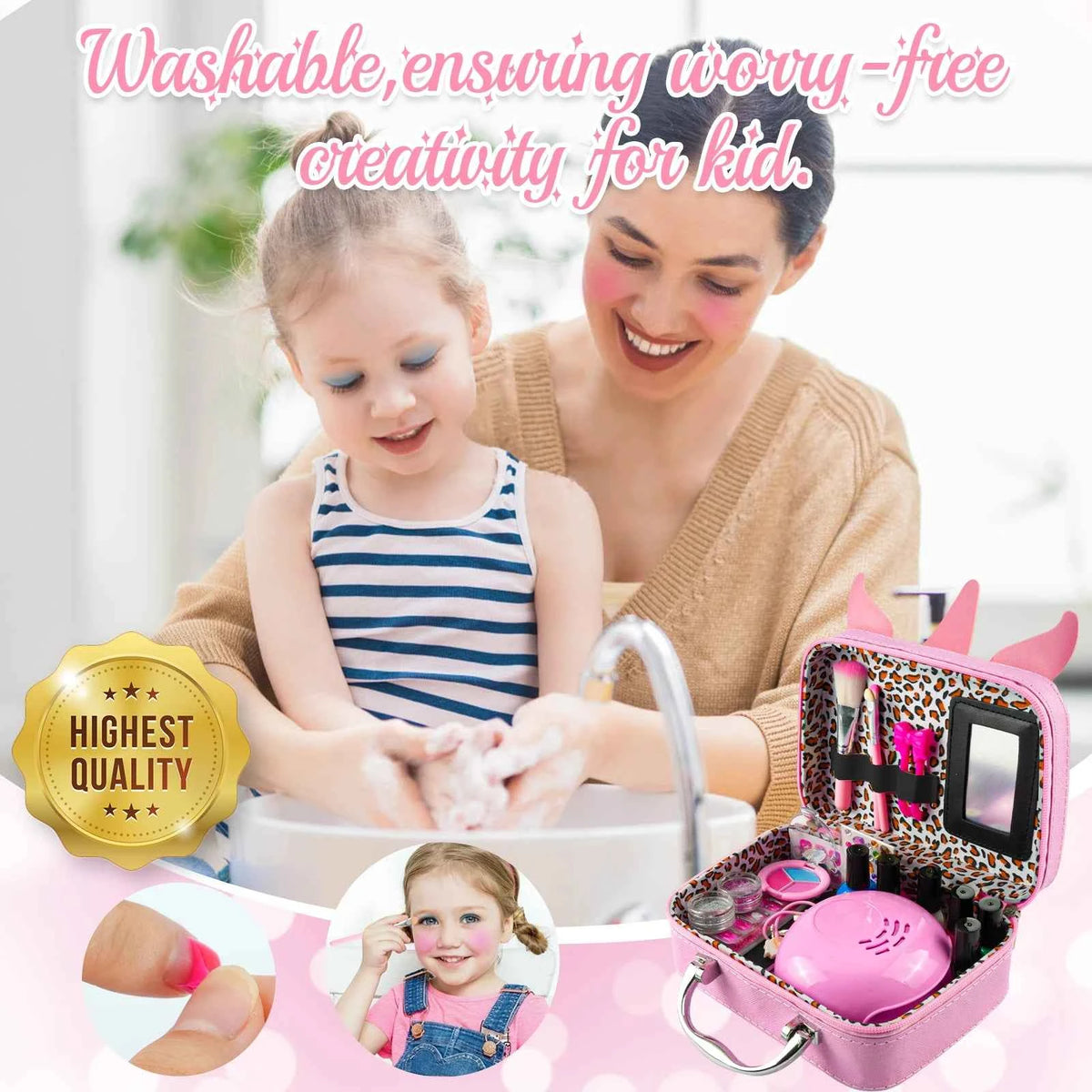 Kids Washable Makeup Girl Toys - Kids Nail Art Kit for Girl, Real Make Up Set, Little Girls Makeup Kit for Toddler, Kid, Children