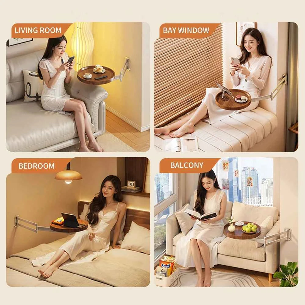 Adjustable Foldable Wall Mounted Round Wooden Side Table. Rotatable Swing Arm. Space Saving Fold Down Wall Shelf