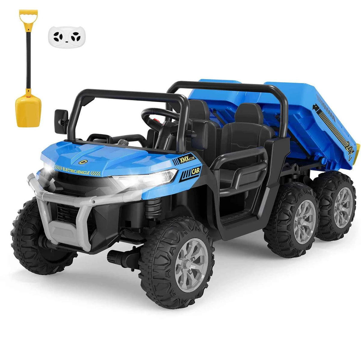 24V Kids Electric Ride Dump Truck, a 2 Seater 4WD with 6 Wheels. Parent Remote Control with 3 speeds. With Dump Bed, Bluetooth for Music, LED Lights, 2 Speeds