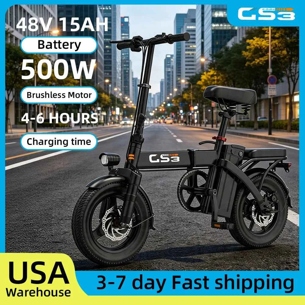 UPlee GS3 14inch Lightweight Folding Electric Bike for Adults. 48V, 15AH, 500W Motor Electric Bicycle, 25KM/H Max Speed. City Style E-bike