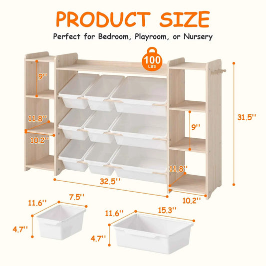 White Bookshelf and Toy Storage Organizer with 6 Shelves, 9 Bins, & 6 Hooks,