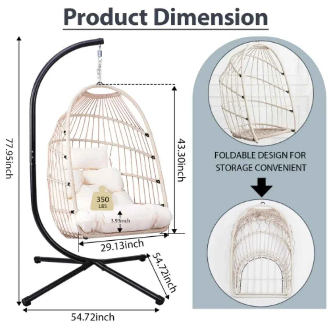 Outdoor Egg Chair with Stand, 350 Lbs Wicker Patio Hanging Chair, Folding Swing Hammock Chair with Cushion for Indoor, Porch, Garden