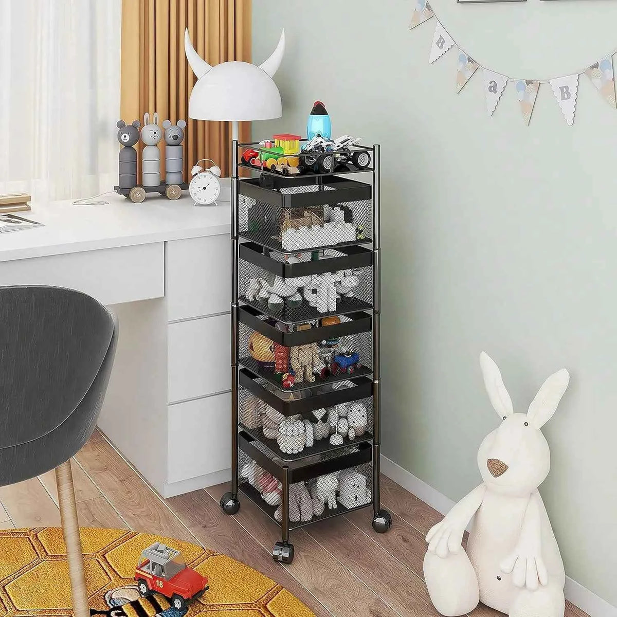 5-Tier Rolling Storage Cart with Wheels, Rotating Utility Shelf Rack, No Assembly Required, Square Black Organizer