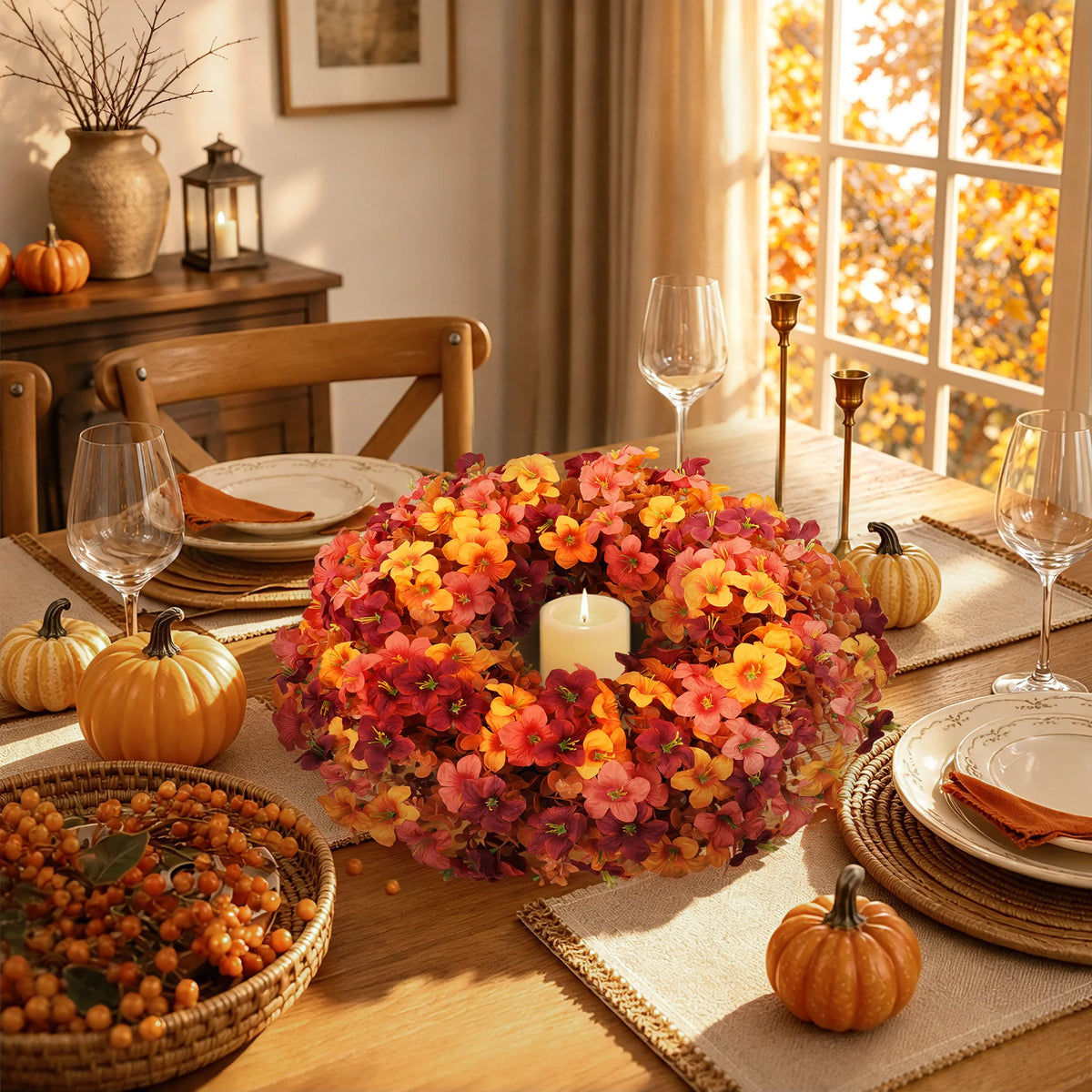 Artificial Fall Wreath 22 Inch Autumn Front Door Wreath with Orange Yellow Floral, Thanksgiving Harvest Wreath for Porch, Wall, Fireplace. or Window