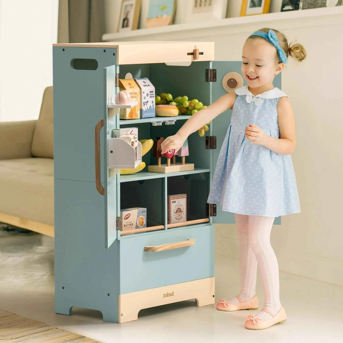 Robotime Robud Play Kitchen Fridge/ Refrigerator with Ice Dispenser. Wooden Kids Play Kitchen Playset Toy for Ages 3+, Color is Blue