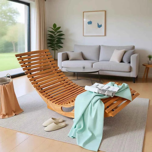 Outdoor Acacia Wood Chaise Lounge, Rocking Chair with High Back, Slatted Seat, 350 Lbs Capacity Sun Lounger
