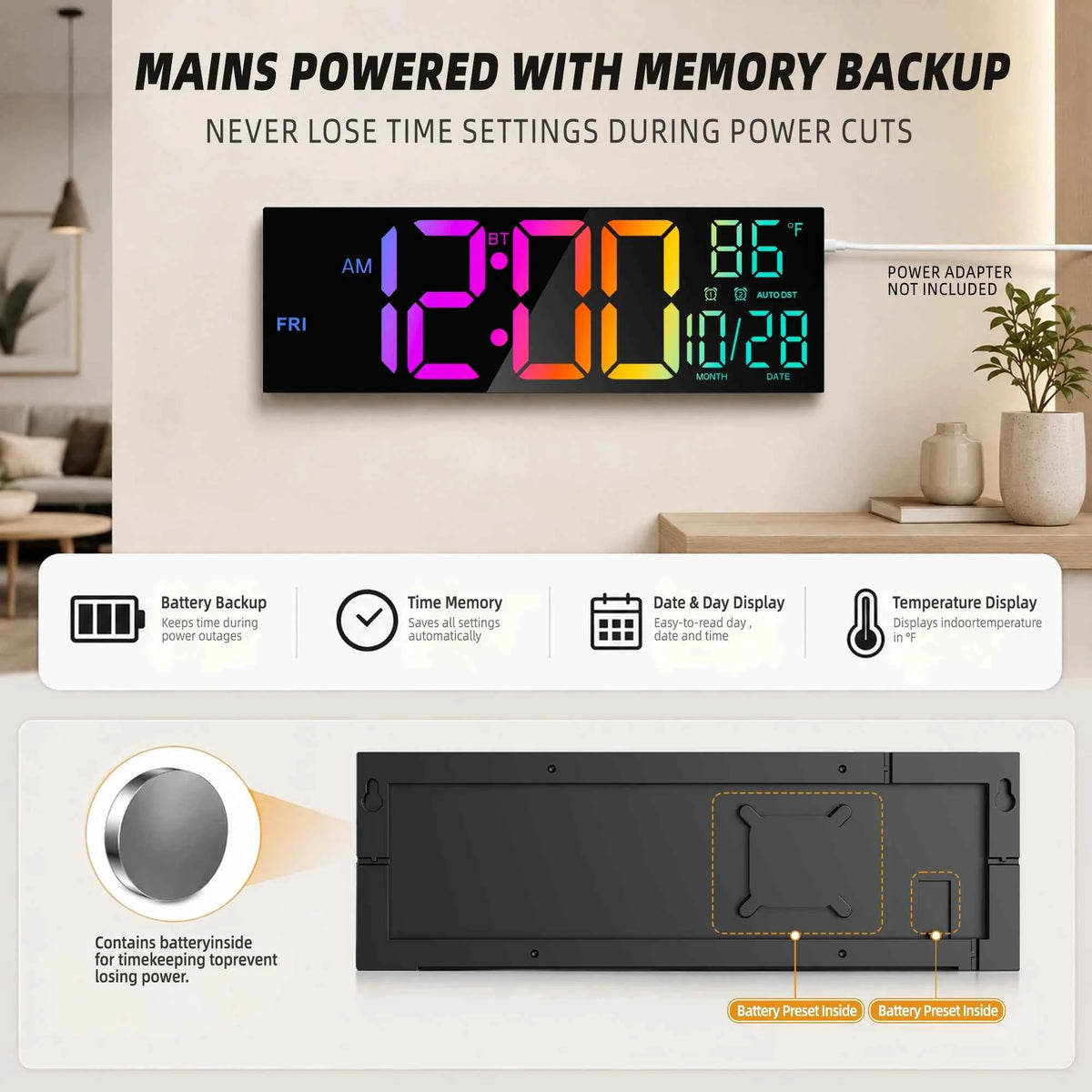 16-inch  Large Digital LED Wall Clock with Remote Control, 8 RGB Adjustable Display Colors, Built-in Alarm, Automatic Daylight Saving Time & Indoor Temperature Display,