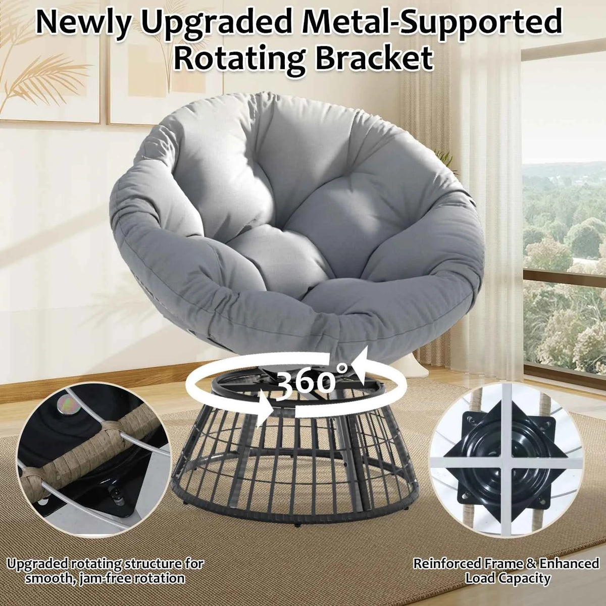 Swivel Papasan Outdoor Wicker Patio Lounge Chair with Thick Cushion, All-Weather Rattan Accent Chair for Backyard, Porch, Garden