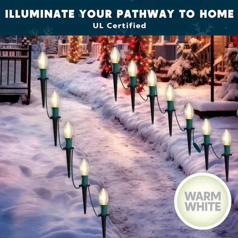 C9 Christmas Pathway Lights, 30.75ft with 24 Bulbs. Outdoor Warm White Light for Holiday. Waterproof, Outside and  Walkways festival lighting