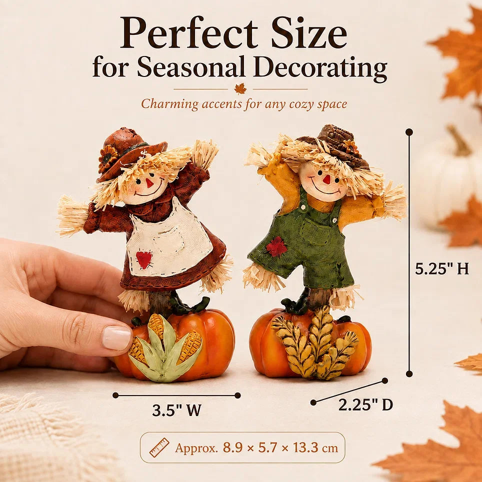 Hodao Set of 2 Fall Harvest Scarecrow Figurines, Resin Thanksgiving Pumpkin Decor, Hand-Painted Dancing Farmer Couple Statue with Cute Sunflower Accents, Seasonal Holiday Gift for Indoor, Patio, and Yard Home Display