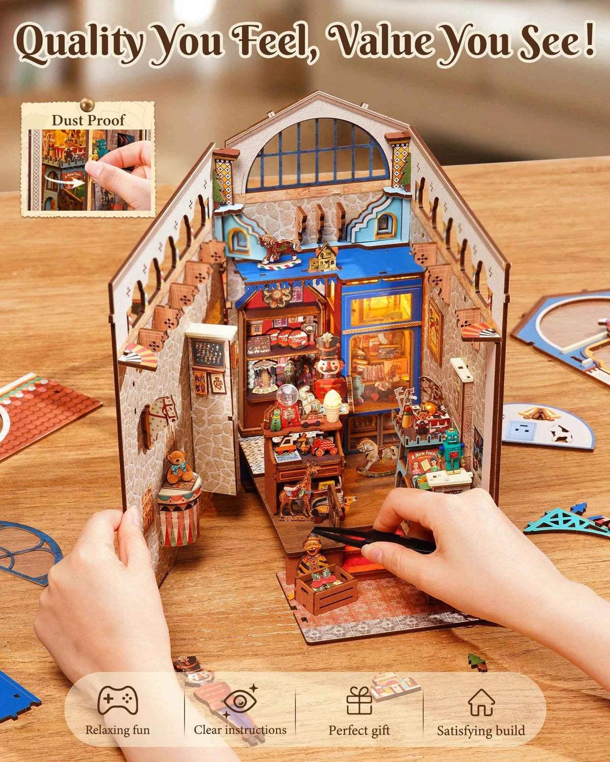 Rolife DIY Book Nook Kit 3D Puzzle. Treasure Toy Shop, Wooden Bookends Craft Kit with LED Light for Bookshelf Decor Brain Teasers Dollhouse Jigsaw for Holiday Gift