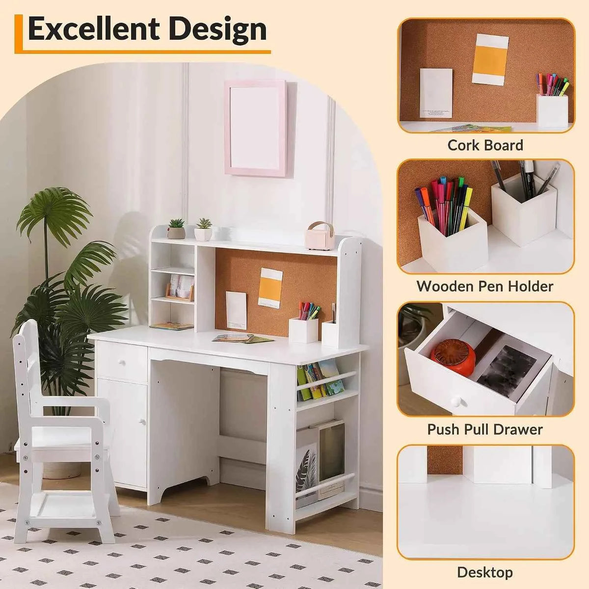Kids Desk and Chair Set for Boys and Girls.  Wooden Kids Writing Desk with Bookshelf, Bulletin Board, Cabinet and Drawer for Ages 3-8, White
