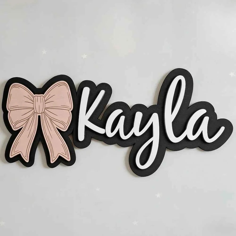 Customizable Bow-Shaped Wooden Wall Plaque. Baby Nursery Sign with Name And Date Personalized. Housewarming Gift. Durable. For more Occasions.