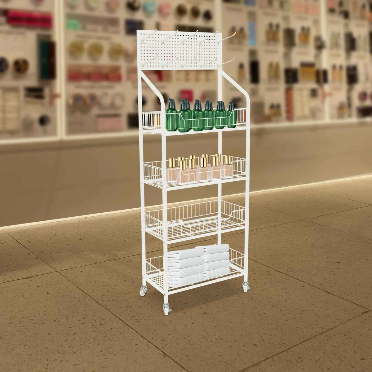 4-Tier Retail Display Rack Stand Snack Rack，Strong Bearing Capacity Iron Stand， Fruits, Toys, Food Display Organizer Stand