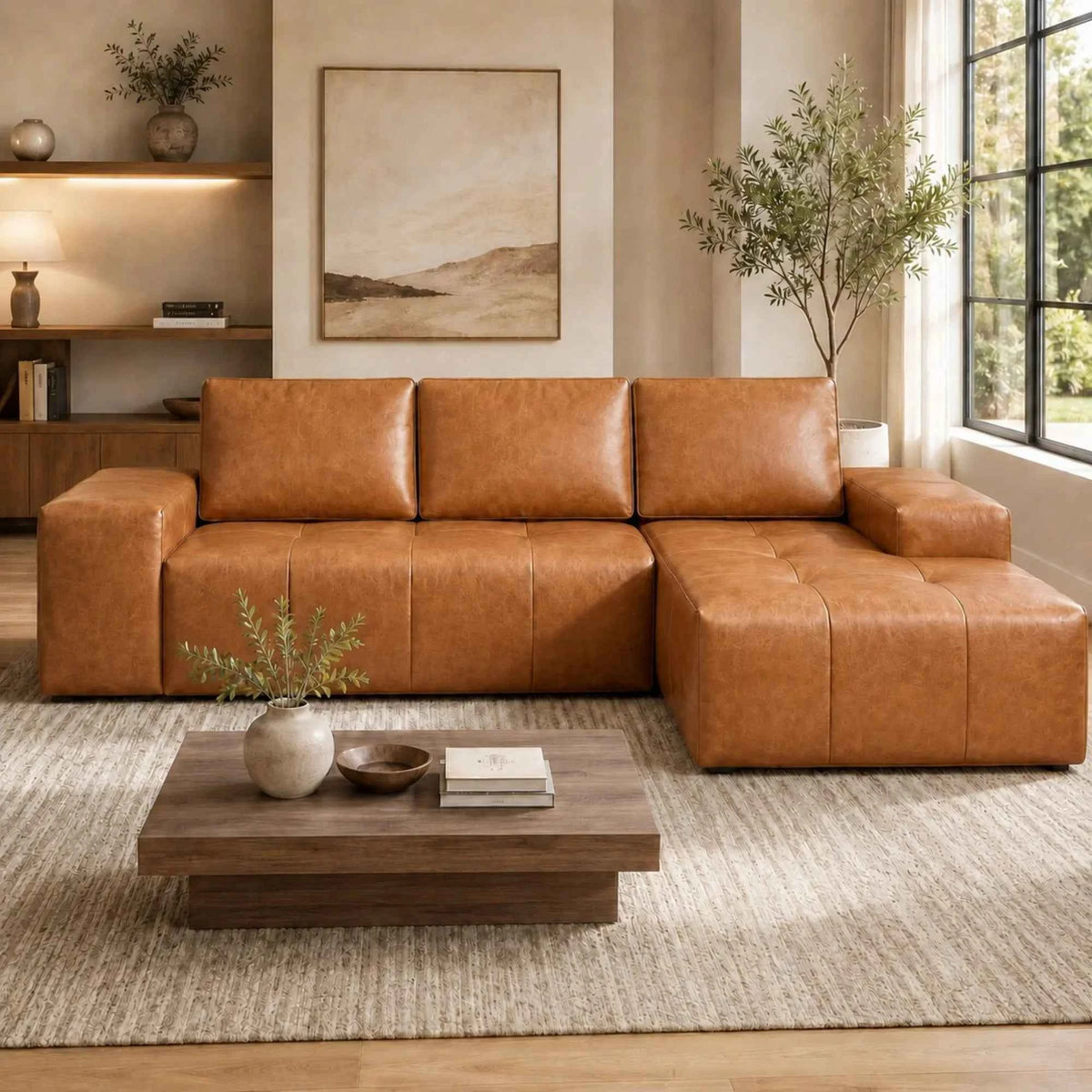 114" Cloud Sectional Sofa with Chaise, L-Shaped Modular Faux Leather Couch, Boneless Deep Seat Sofa. No Assembly Needed. Brown