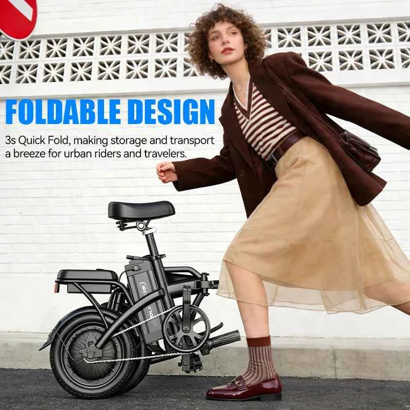 14'' Foldable Commuter E-bike, 500W Motor, Removable Battery. Max 19.9MPH, Dural Disc Brake with 4 Shock Absorption,  Mini Electric Bicycle for Adults, College Students, Commuters & Urban Riding E-Bike